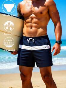 Men's Navy Blue & White Striped Swim Trunks, Quick-Dry Elastic Waist Beach Shorts With Triangle Liner - Multicolor - View 3