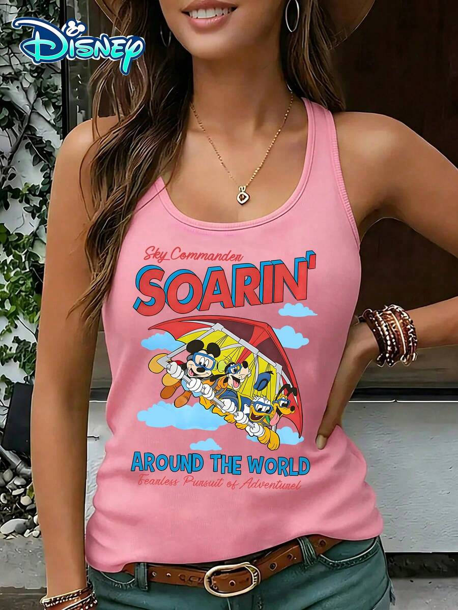 Disney Official Authorization | Women's Casual Round Neck Sleeveless Vest. Themed Around The Soarin 'project, With Flying Scenes Featuring Characters Such As Mickey And Minnie, It Exudes A Sense Of Adventure. It Is A Fun Item For Theme Park Dressing And An Ideal Choice For Showcasing Energetic Style. - Hồng - Xem 1