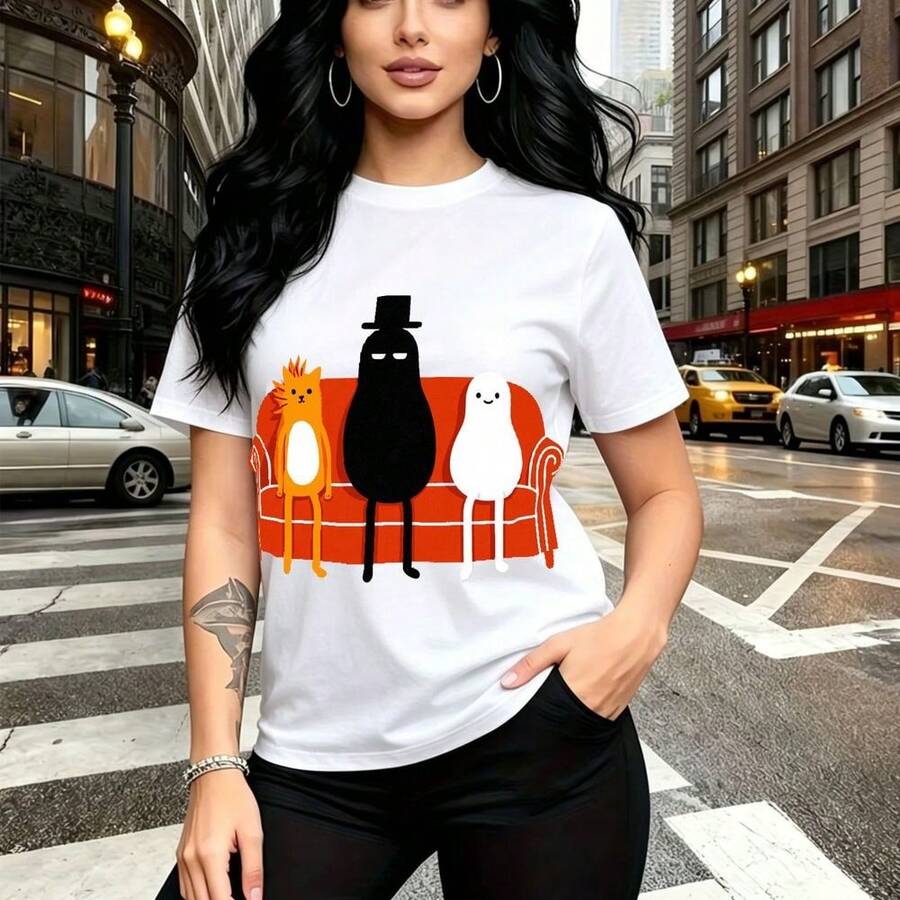 Camiseta de mujer con estampado divertido de tres personajes de dibujos animados: león con corona, figura elegante con sombrero y fantasma blanco sobre sofá naranja - camiseta casual de cuello redondo, ajuste cómodo y fresco, estilo urbano y alegre p - Blanco - Ver 1