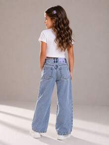 Calça Jeans Wide Leg Infantil Feminina Lavagem Clara – Moderna, Confortável e Cheia de Estilo - Azul Empoeirado - Visão 5