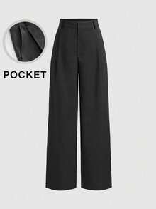 Pantalones de diseño minimalista Vela Rue con cierre de gancho y cremallera, pantalones anchos de unicolor semitransparentes y ligeros, color albaricoque, pantalones anchos de moda para todas las estaciones de primavera - Negro - Ver 2