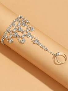 1pc Full Rhinestone Geometric Tassel Hand Chain Bracelet Ring Integrated Hand Jewelry For Women, Fashionable Luxury High-End - Silver - View 3