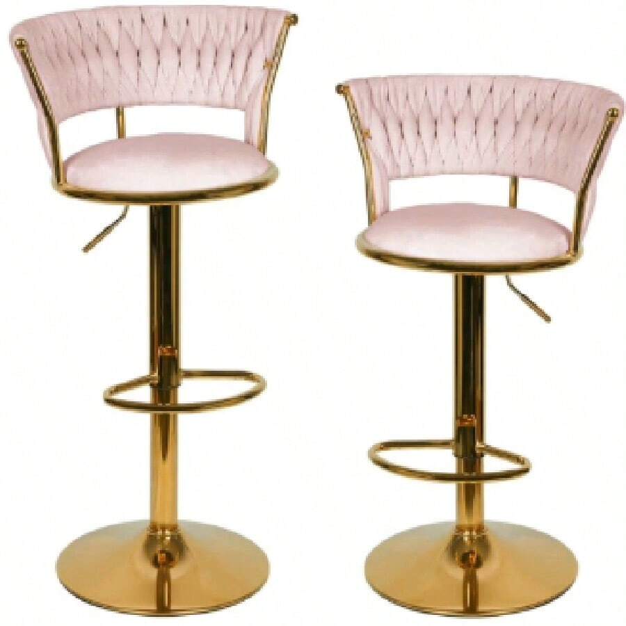 Set di 2 sgabelli da bar, sgabello da bar in velluto, sgabello da bancone girevole e regolabile in altezza.con schienale, due sgabelli da bar rivestiti in velluto con gambe intrecciate e piedi dorati, per cucina/bar di casa - Rosa - Visualizzare 1