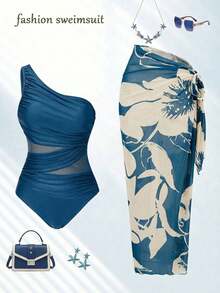 Swim Oasis 2026SS Nuevos trajes de baño para mujer para vacaciones, citas, estilo occidental, cruceros, playa, isla, viajes por carretera, todas las estaciones, festivales de música, vacaciones bohemias, vacaciones bohemias, shorts plisados bohemios de otoño relajado Y2K, elegante traje de baño de una pieza de malla vintage casual con falda, adecuado para vacaciones en la playa, fiesta en la piscina, fiesta en la playa Traje de baño de un hombro verde oliva Traje de baño modesto de color verde salvia Traje de baño con pareo Ropa de resort para mujer Trajes de baño para mujer Curva Ropa de playa Ropa de resort Trajes de baño para mujer Curva Traje de baño de una pieza con cobertura Trajes de baño para mujer Vacaciones de verano Atuendos para mujer - Azul - Ver 1
