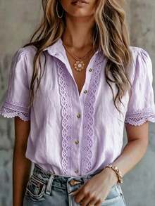 Elegant Women's Solid Color Embroidered Lace Patchwork Blouse, Versatile For Home, Daily Wear, All Seasons Summer - Mauve Purple - View 10