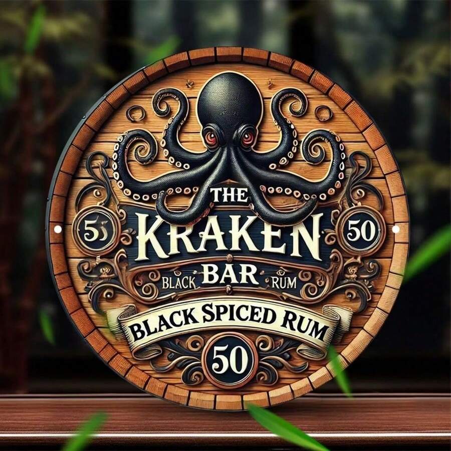 1件2D平面印刷金属铁牌 [2D平面] 复古章鱼“Kraken朗姆酒吧”金属招牌 - 19.81厘米圆形墙饰，黑色香料朗姆酒主题，易于安装，适用于家庭酒吧、俱乐部、咖啡馆或车库装饰，是送给亲朋好友的独特礼物，2D平面，孔位随机