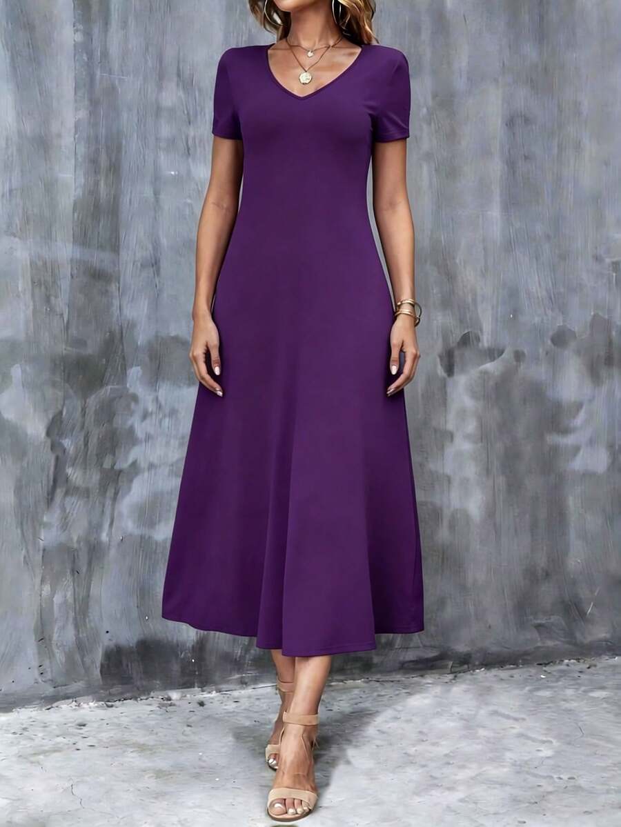 Women's Solid V Neck Short Sleeve A-Line Midi Dress With Pockets Casual Loose Fit Flowy Sundress For Summer Vacation - Màu tím - Xem 1