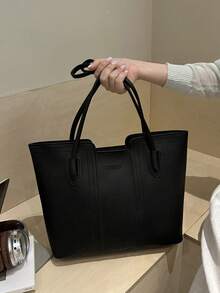 New Arrival Luxury Solid Color Versatile Women Shoulder Tote Bag - Black - View 4