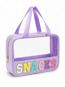 1Piece Women Seersucker Beach Snacks MEDS Bag Chenille Letter Clear Sunscreen SPF Makeup Bag With Handle And Zipper Seersucker Stripe Preppy Girls Cosmetic Pouch For Storage Travel Organizer - Multicolor - View 12