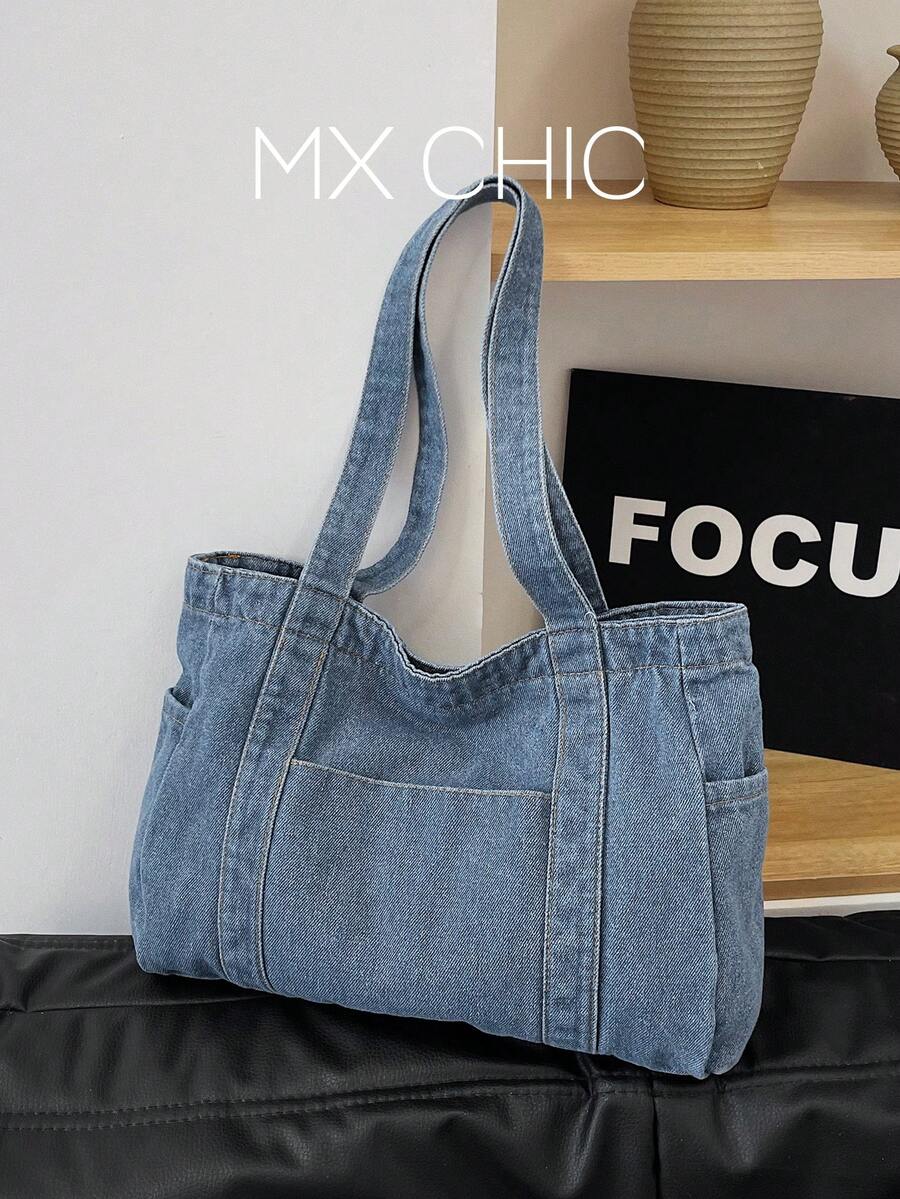 1pc High-Quality Blue Canvas Tote Bag, Large Capacity Commute/Work/Shopping Bag, Minimalist Versatile Shoulder Handbag For Women - Baby Blue - View 1