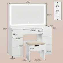 Devoko Dressing Table With LED Mirror And Stool, White Vanity Table With Power Outlets, USB & Type-C, Hairdryer Holder And 7 Drawers, 115 X 40 X 139 Cm - 查看 7