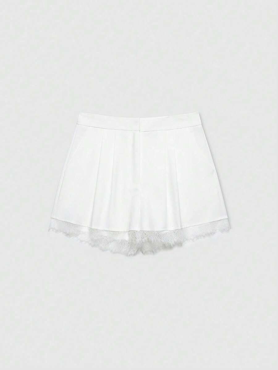Pantalones cortos casuales de verano de unicolor con volantes de encaje para mujer, color negro - Blanco - Ver 1