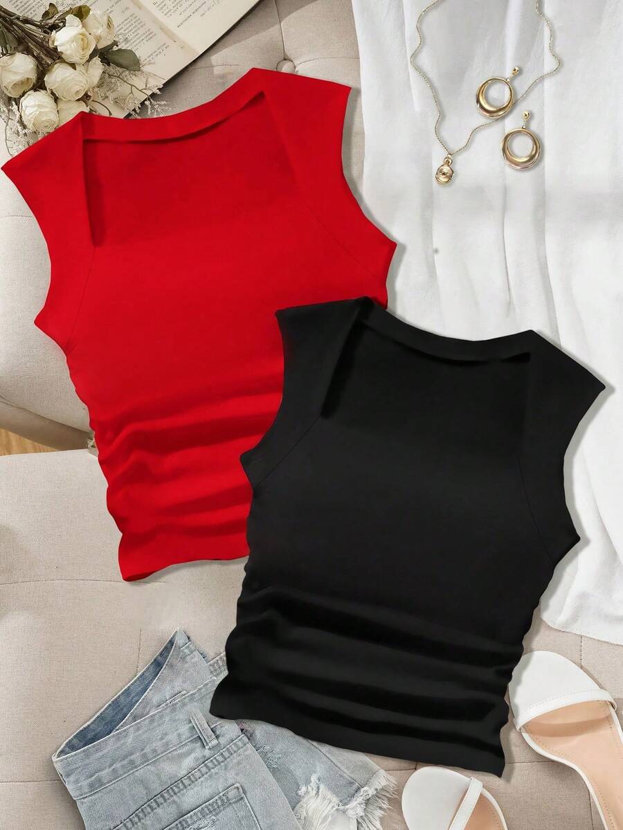 2 piezas Parte superior de tirantes corta de unicolor informal para mujeres de talla grande, verano - Multicolor - Ver 1