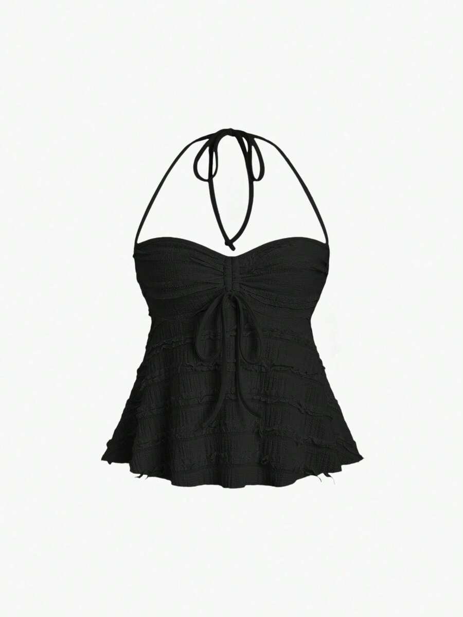 Parte superior de tirantes informal de unicolor con cordón y nudo delantero, verano - Negro - Ver 1