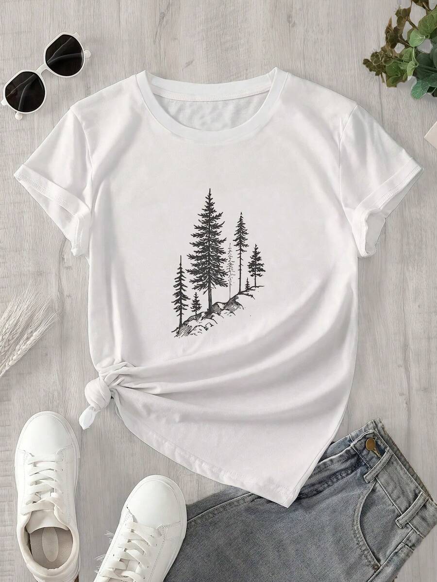 Top de mujer de manga corta y cuello redondo con estampado de un pino en blanco y negro, apto para todas las estaciones. - Blanco - Ver 1