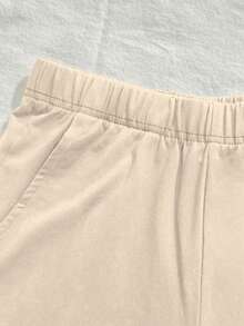 2pcs Women Casual Round Neck Short Sleeve T-Shirt And Shorts Set, Medium Stretch Fabric Summer - Apricot - View 8