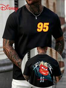 Local Warehouse, Official Disney Licensed, Unisex Summer New Black Double‑Sided Print Short‑Sleeve T‑Shirt, Front Number 95 Mini Logo & Back Lightning McQueen Racing Lightning‑Element Casual Loose Top, Cool Sport‑Style Tee - 黑色 - 查看 2