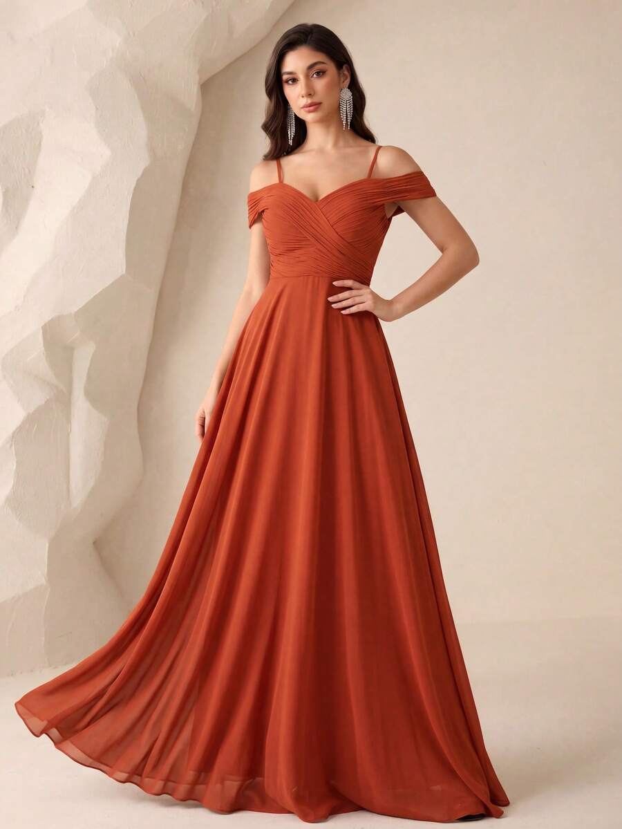 UNITHORSE Cold Shoulder Ruched Floor Length Chiffon Bridesmaid Dress Elegant Dress Wedding Spring Fall