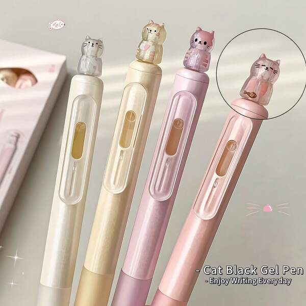 1 Caja de Bolígrafos de Gel Retráctiles con Diseño de Gato Kawaii Rosa, Agarre Suave 0.5mm Punta ST de Secado Rápido Escritura Suave, Para Estudiantes Estudio Oficina & Suministros Escolares, Papelería Linda. Regreso a la Escuela.