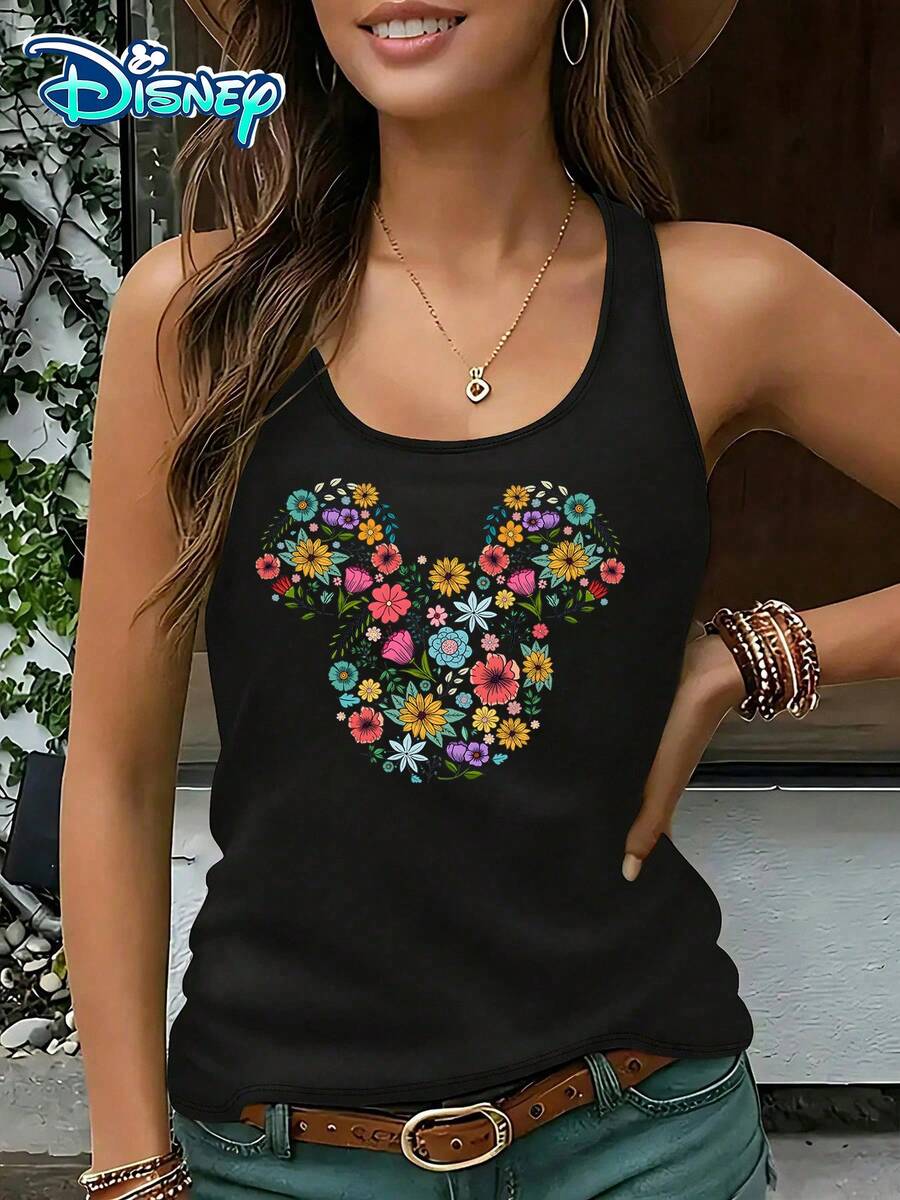 Disney Official Authorization | Women's Casual Round Neck Sleeveless Vest. Taking Mickey Mouse's Portrait As The Design, Paired With Colorful Floral Elements, It Is Fresh And Full Of Spring Atmosphere. It Is A Must-Have Item For Daily Wear And An Ideal Choice For Showcasing Forest Style. - màu đen - Xem 1