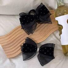 1pc Women's Black Mesh Rhinestone Bowknot Hair Clip,Elegant High-End Oversized Hair Accessory Suitable For Daily Wear,Holidays - Black - View 1