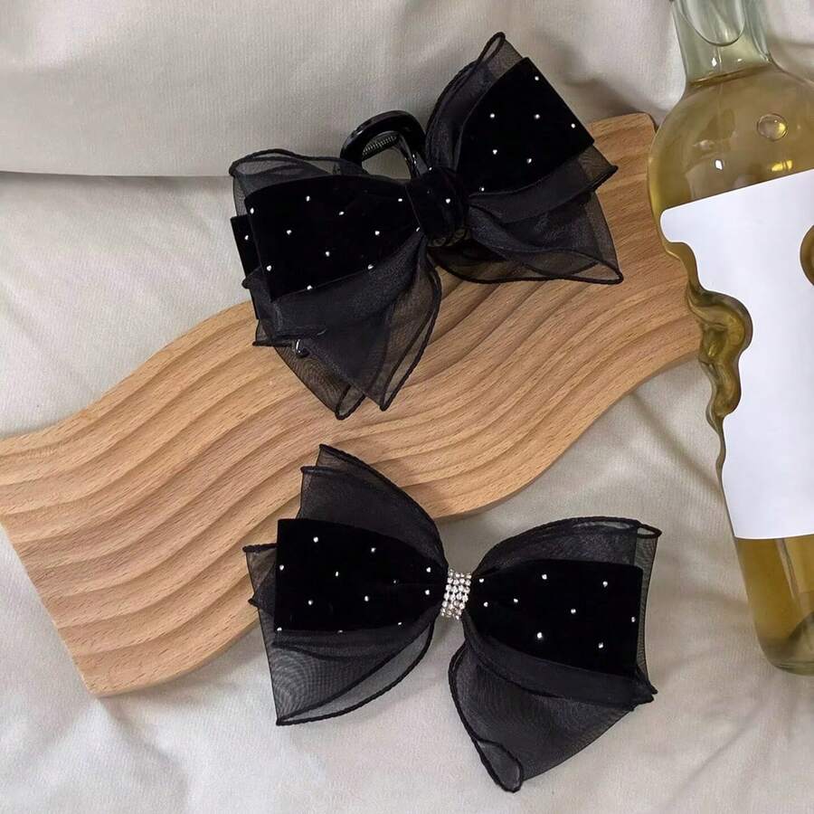 1pc Women's Black Mesh Rhinestone Bowknot Hair Clip,Elegant High-End Oversized Hair Accessory Suitable For Daily Wear,Holidays - Black - View 1