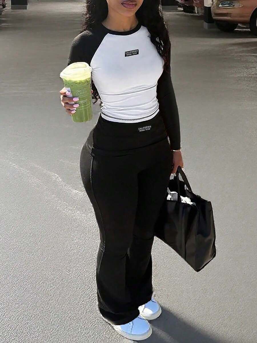 2 piezas Conjunto de pantalones deportivos y leggings casuales de mujer con contraste de colores, adecuado para uso diario y en casa, elegante para otoño/invierno y primavera - Negro - Ver 1