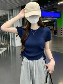 素色抽繩褶皺腰部/腰部抓皺休閒夏季女款短袖針織上衣 - 藏蓝色 - 查看 3