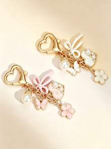 1pc Butterfly, Heart & Flower Faux Pearl Keychain, Versatile Bag Charm Pendant - Multicolor - View 3
