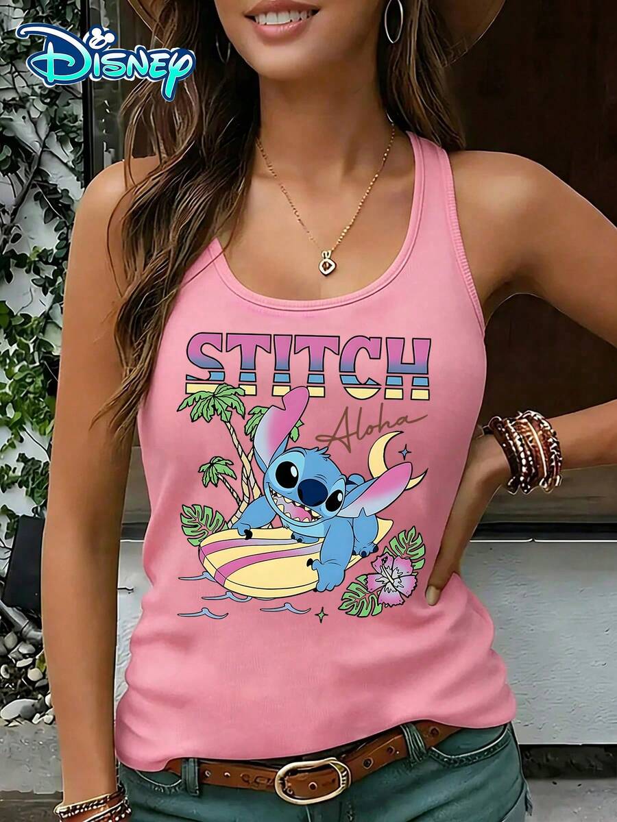 Disney Official Authorization | Women's Casual Round Neck Sleeveless Vest. Featuring Stitch, Combined With Hawaiian Surfing And Tropical Elements, It Is Fresh And Healing. It Is A Must-Have Item For Daily Wear And An Ideal Choice For Creating A Vacation Style Look. - Hồng - Xem 1