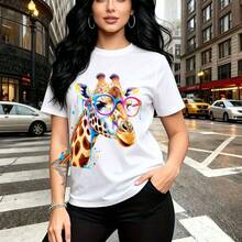 Camiseta de mujer con estampado de jirafa con gafas de sol arcoíris - camiseta casual de manga corta, ajuste cómodo y moderno, estilo urbano vibrante para la vida nocturna en la ciudad - ideal para regalar a mamá, esposa, novia, hermana mayor o herma - Blanco - Ver 9