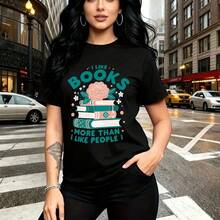 Camiseta de mujer con estampado "I LIKE BOOKS MORE THAN I LIKE PEOPLE" y rosas, diseño literario urbano - camiseta casual de manga corta, ajuste cómodo y moderno para el día a día - ideal para citas en librerías, paseos por la ciudad o regalo perfect - Negro - Ver 8