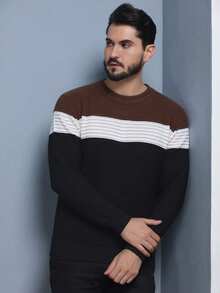 Men's Knitted Sweater Cold-Weather Blouse Round Neck Long Sleeve Wool Blouse - 咖啡棕 - 查看 1