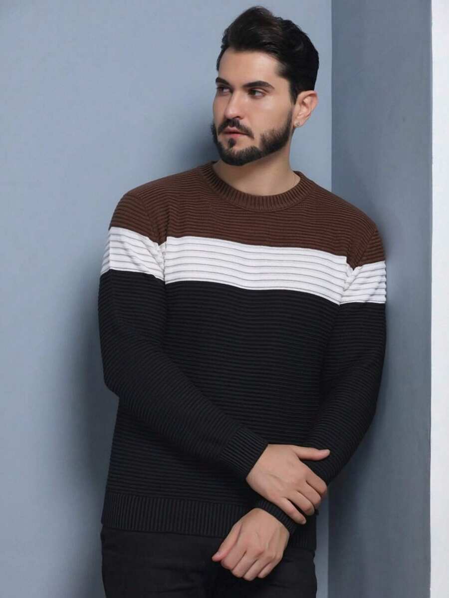Men's Knitted Sweater Cold-Weather Blouse Round Neck Long Sleeve Wool Blouse - 咖啡棕 - 查看 1