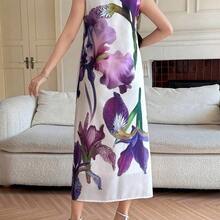 WNS  Vestido de verano de dama de honor con estampado floral elegante, cuello redondo y sin mangas, de largo medio - Azul - Ver 3