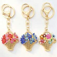 Elegant Flower Basket Keychain Colorful Rhinestone Floral Charm Key Ring For Women Fashion Gift - A1 - View 2
