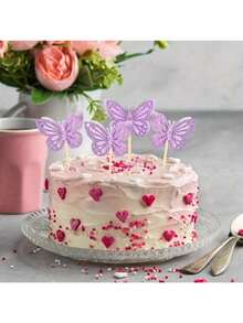 12/24 pezzi Decorazioni per cupcake a forma di farfalla a doppio strato, decorazioni per cupcake 3D con glitter, stuzzicadenti per cocktail a forma di farfalla - Multicolore - Visualizzare 5