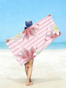 1 pieza Toalla de playa a rayas rosas, manta de playa con estampado floral grande, toalla de natación súper absorbente y de secado rápido, estera de playa impermeable extragrande, adecuada para buceo, surf, camping, viajes, sillas de playa, decoración de fiestas de vacaciones de verano, manta de playa multiusos - lirio - Ver 7