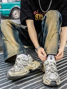 (尺寸提示：偏大) 做舊復古風鞋面與鞋底，男士厚底運動鞋，復古厚底運動鞋，時尚運動跑步訓練鞋，輕量透氣運動健走鞋 - 白色 - 查看 7