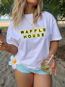 Women's Summer Casual Crew Neck T-Shirt, WAFFLE HOUSE Letter Pattern T-Shirt, Is The Ideal Gift For Father's Day, Juneteenth And Independence Day. - 白色 - 查看 6
