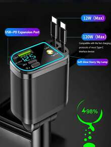 5-In-1 Retractable Car Charger, Fast Charging Adapter With Environment Light & Starry Light, USB Type-C PD, Compatible With IPhone IOS & Android, Voltage Display, Cigarette Lighter Adapter - A - View 5