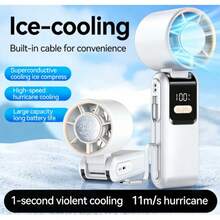 Ventilador portátil de mano con enfriamiento de hielo turbo, ventilador de viento de hielo recargable 2*1800mAh, 100 niveles de velocidad, cable Tipo-C incorporado, pantalla LED, plegable 135°, multiuso para escritorio, cuello, viajes, carga de teléfono de emergencia - Soporte de Mano - Ver 11