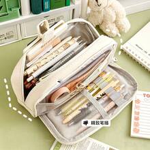 1pc Minimalist Button Pencil Case, Large Capacity For Elementary, Middle, High School Students, Ins Style, Highly Attractive, Dirt-Resistant, Dual-Layer Pencil Box, Colorful, Durable And Easy To Clean, Suitable For School Use - A - View 6