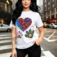 Camiseta de mujer con estampado psicodélico de corazón arcoíris y huellas de perro mandala - camiseta corta de manga corta cuello redondo, ajuste cómodo y moderno con toque artístico urbano - ideal para paseos por la ciudad, salidas nocturnas y regal - Blanco - Ver 10