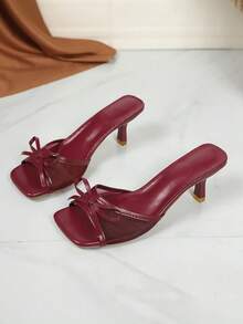 Oversized 1 Size Up Summer New Square Toe Slide Sandals, Thin Heel Thong Sandals, Versatile Outdoor Wear Thin Heel Toe-Post Flip Flops For Women, Mesh Breathable Bowknot - Burgundy - View 3