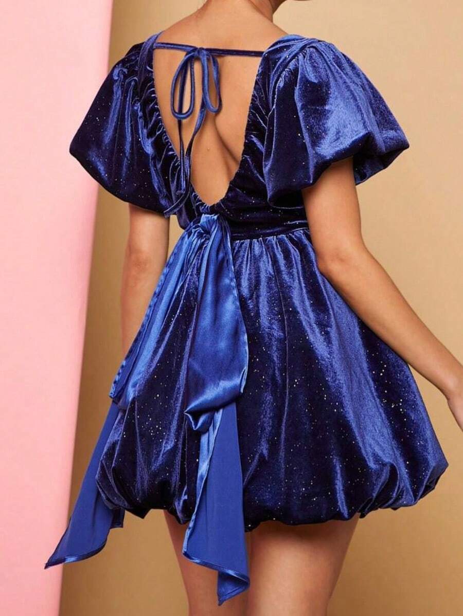 Velvet Dress With Puff Sleeves And Bubble Hem - 鵝黃色 - 查看 1