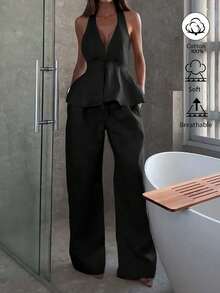Conjunto de top de algodón y lino con atar en el cuello en forma de A y pantalones rectos holgados para mujer, uso casual diario y vacacional, elegante para primavera/verano - Negro - Ver 1