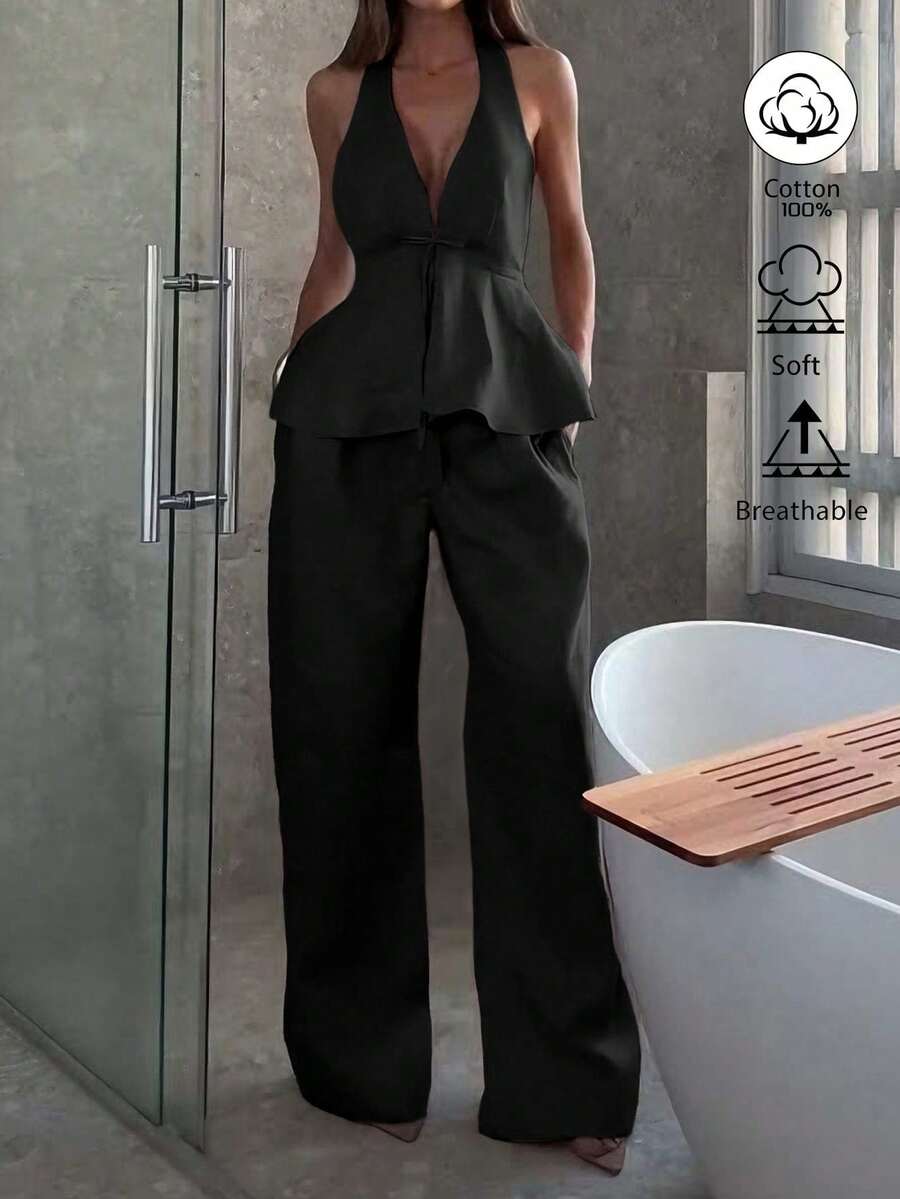 Conjunto de top de algodón y lino con atar en el cuello en forma de A y pantalones rectos holgados para mujer, uso casual diario y vacacional, elegante para primavera/verano - Negro - Ver 1