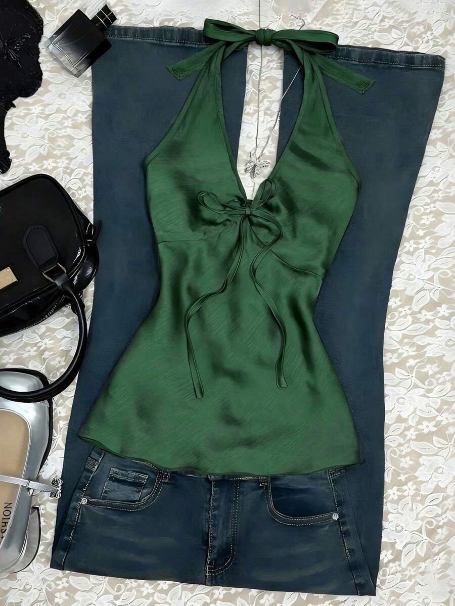 Nuevo top de verano para mujer con cuello halter, cintura fruncida y lazo, sexy y casual para vacaciones - Verde 3 - Ver 1