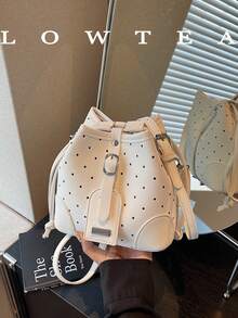 low tea 1pc Solid Color PU Drawstring Closure Fashionable Crossbody Bag, Polka Dot Print, Suitable For Women's Daily Use - White - View 6